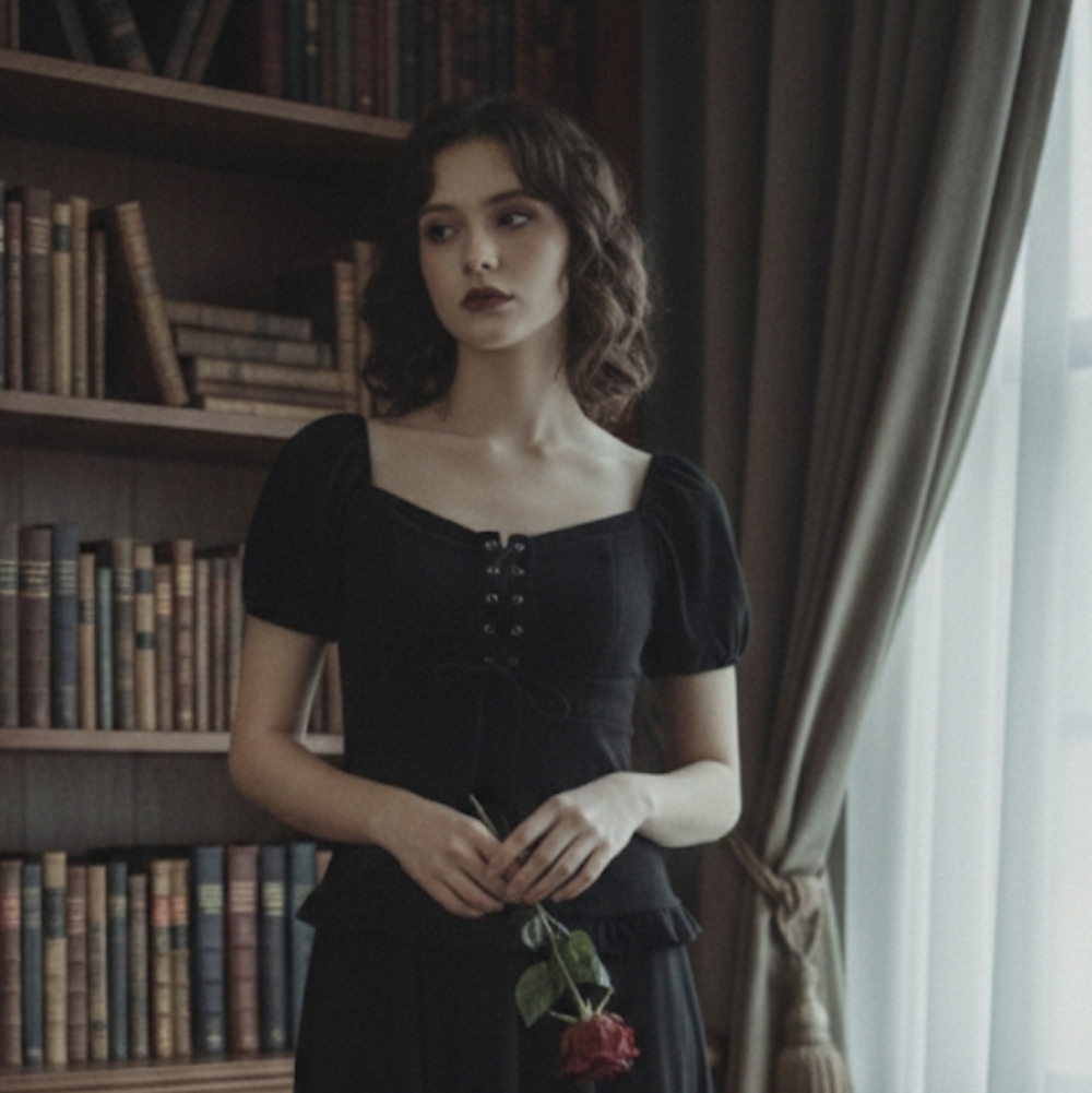 Scarlet Darkness Black Lace-Up Puff Sleeve Ruffle Top Gothic Milkmaid Peasant M